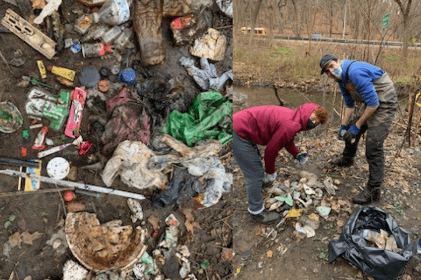 Two pictures of people picking up trash in a wooded area.