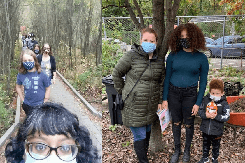 A group of people wearing face masks in a wooded area.