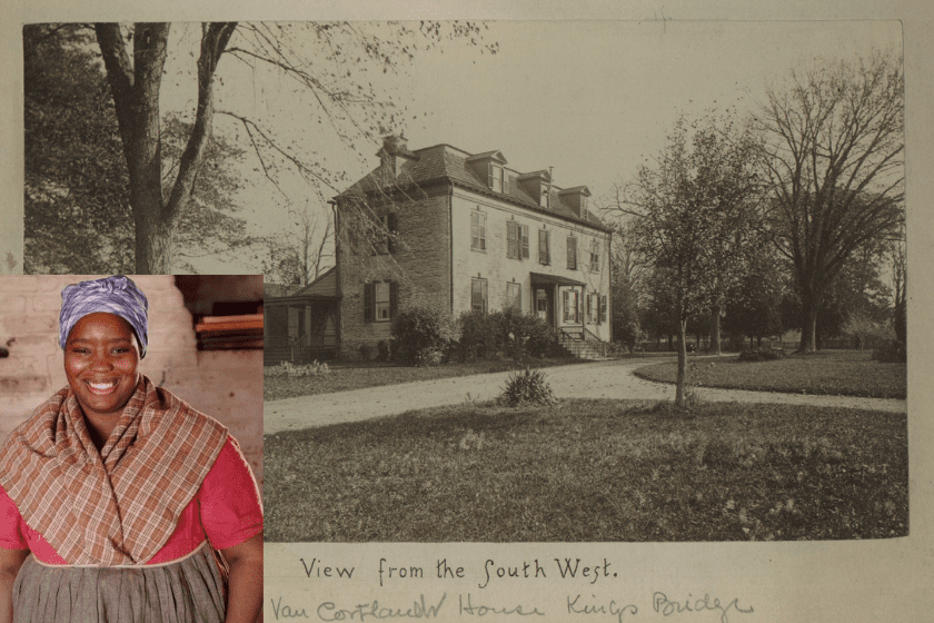 An old photograph of a woman standing in front of a house.
