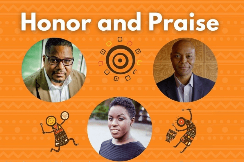 Honor and praise with a group of people in front of an orange background.