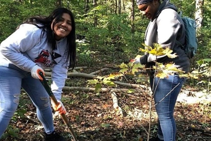 Two women are planting trees in a wooded area.