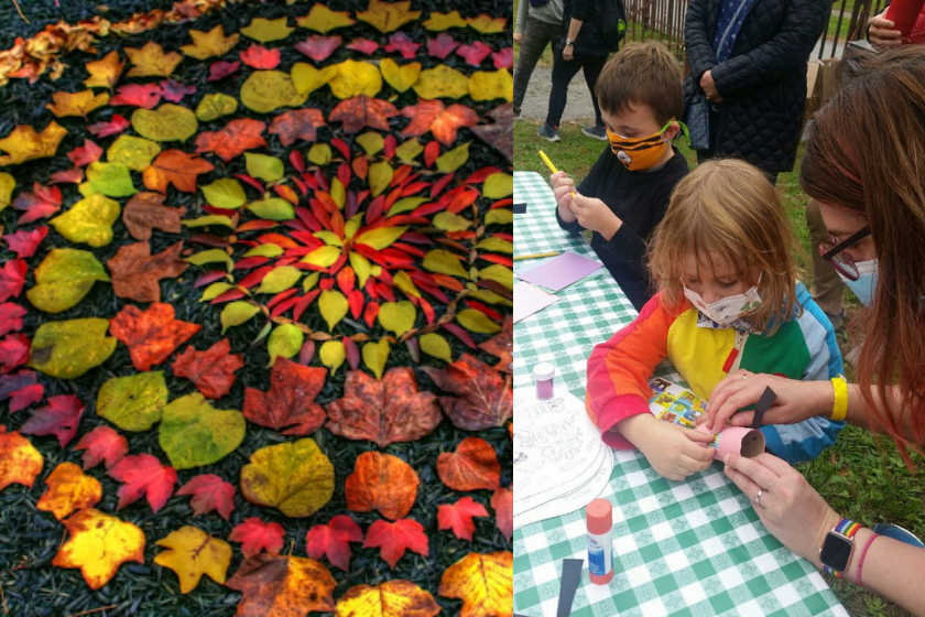 A group of children are making a leaf mandala on a table.