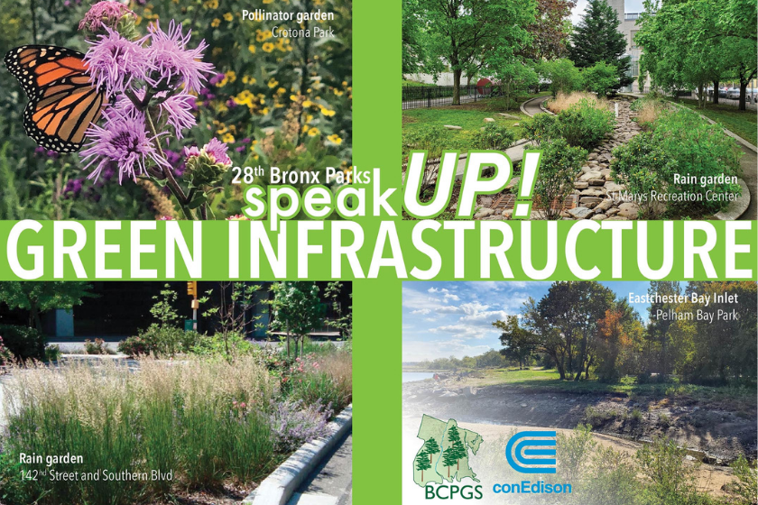 A poster with the words speak up green infrastructure.