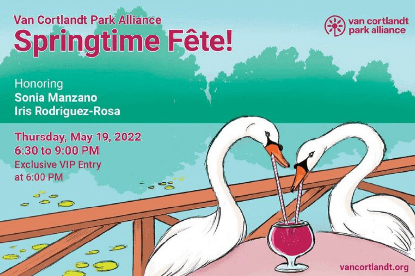 A flyer for springtime fete with two swans drinking wine.