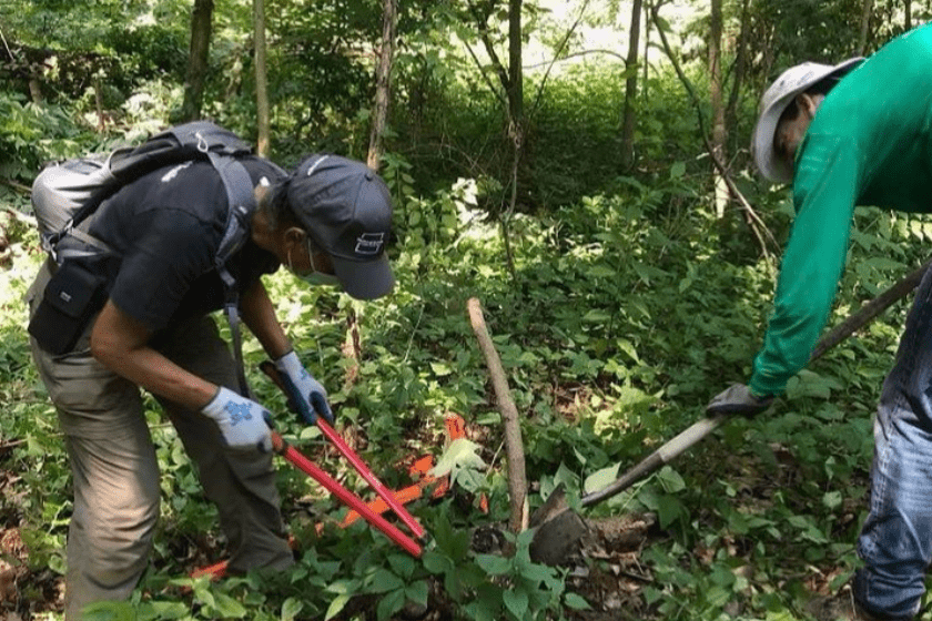 Two men working in the woods with a shovel.