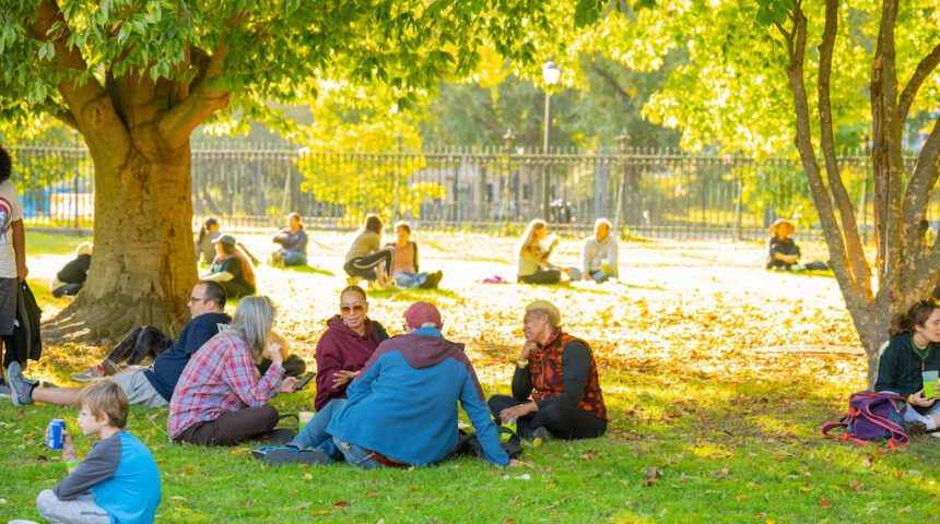 A group of people sitting on the grass under a tree.