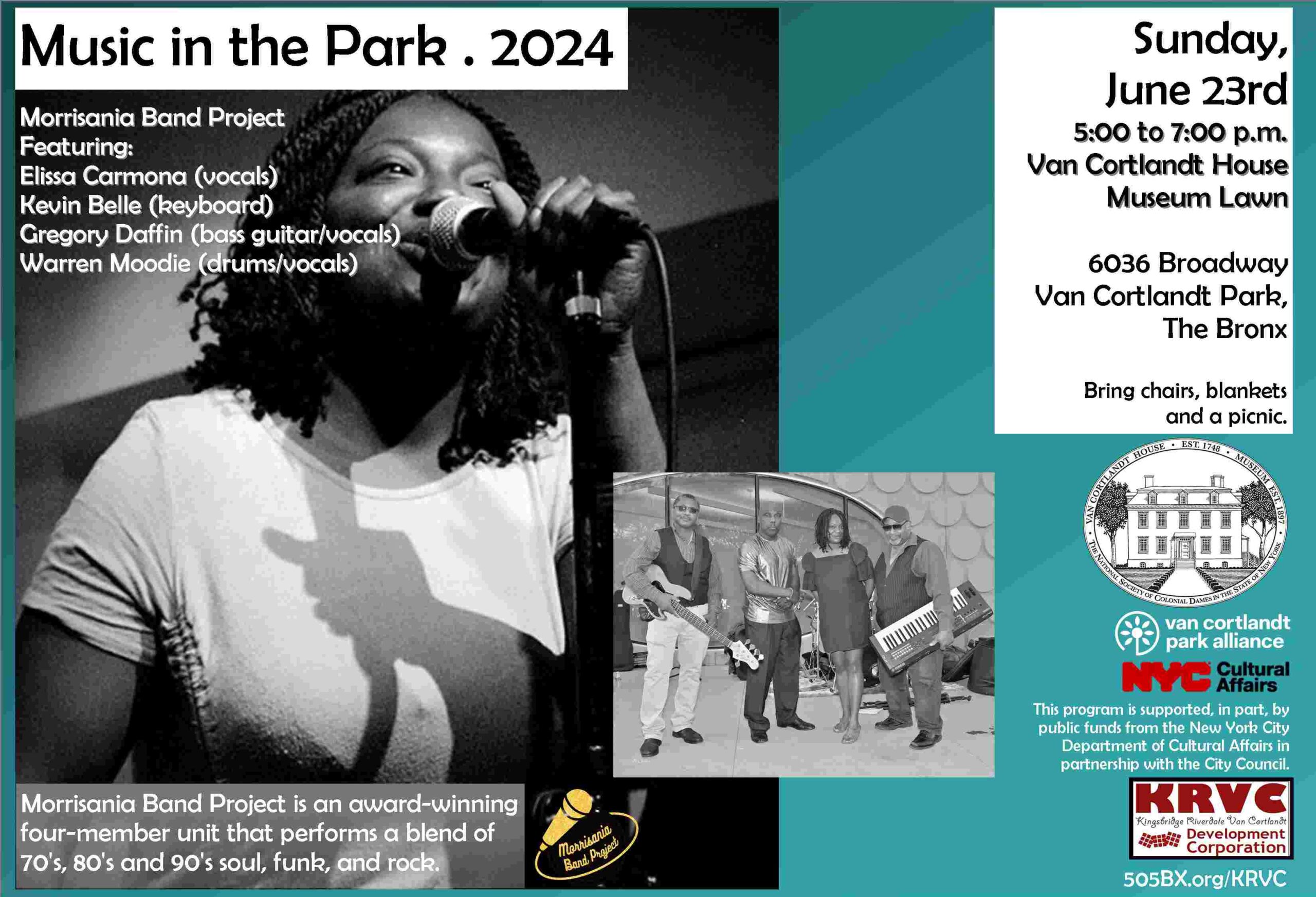 A flyer with the image of a woman singing and a photo of 4 people with instruments along with text about a concert in the park.