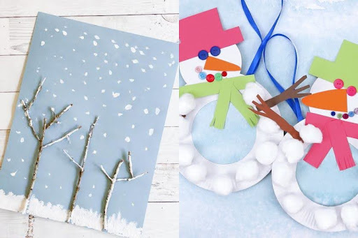 Two pictures of snowman crafts for kids.