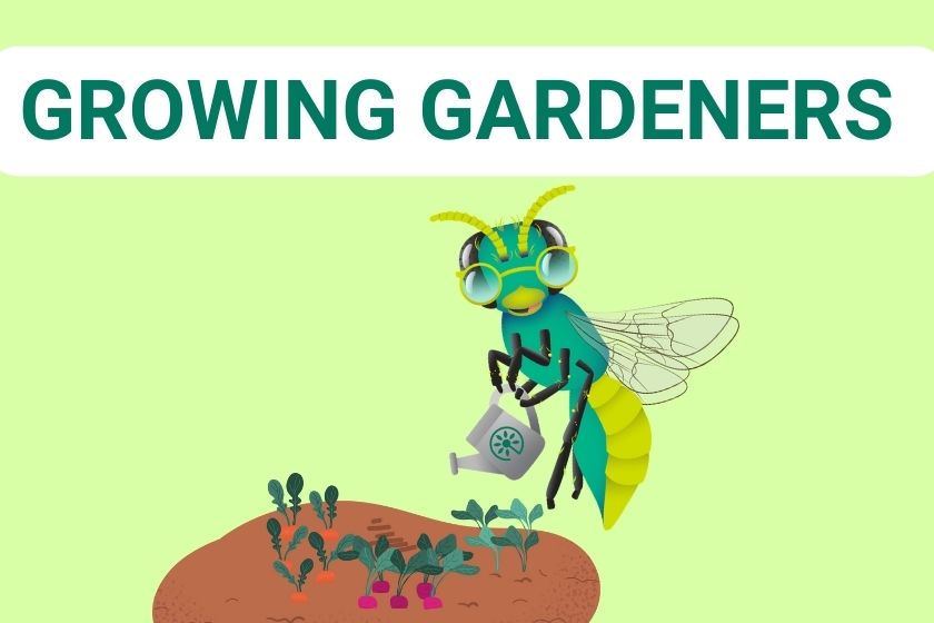 A cartoon bee watering plants with the words: Growing Gardeners