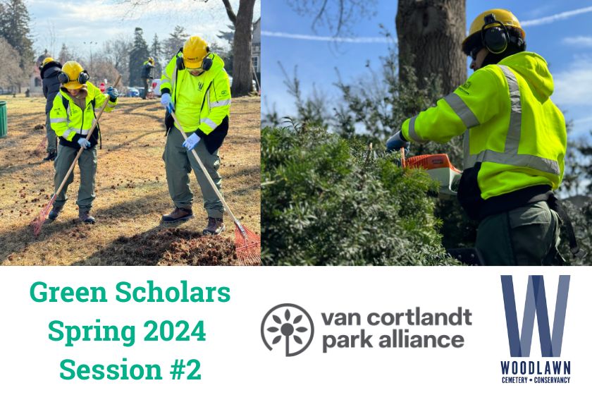 Young people in hard hats and safety jackets raking and pruning shrubs. Text that says Green Scholars Spring 2024 Session 2 and company logos.