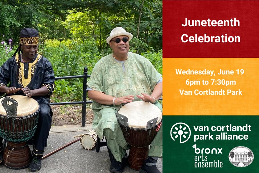 Two men drumming with text for a Juneteenth Event on June 19, 2024