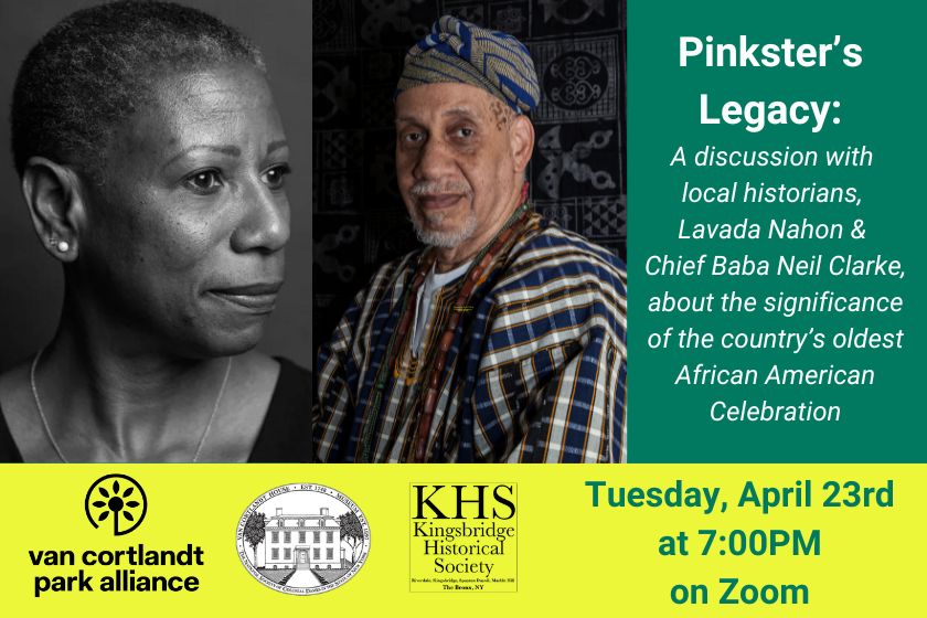 Image a woman, Lavada Nohan and a man, Chief Baba Neil Clarke and the words describing a zoom event Pinkster's Legacy