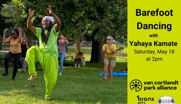 A man leading a group in a dance on a green lawn with words Barefoot Dancing with Yahaya Kamate