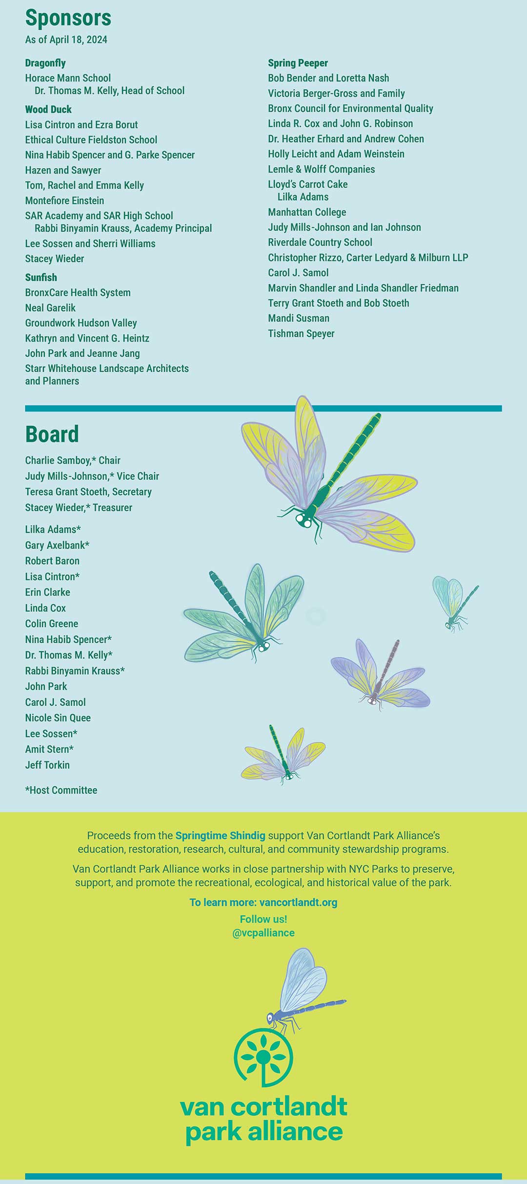 Blue background with green text listing sponsors and board members with dragonflies and then VCPA details over a yellow background