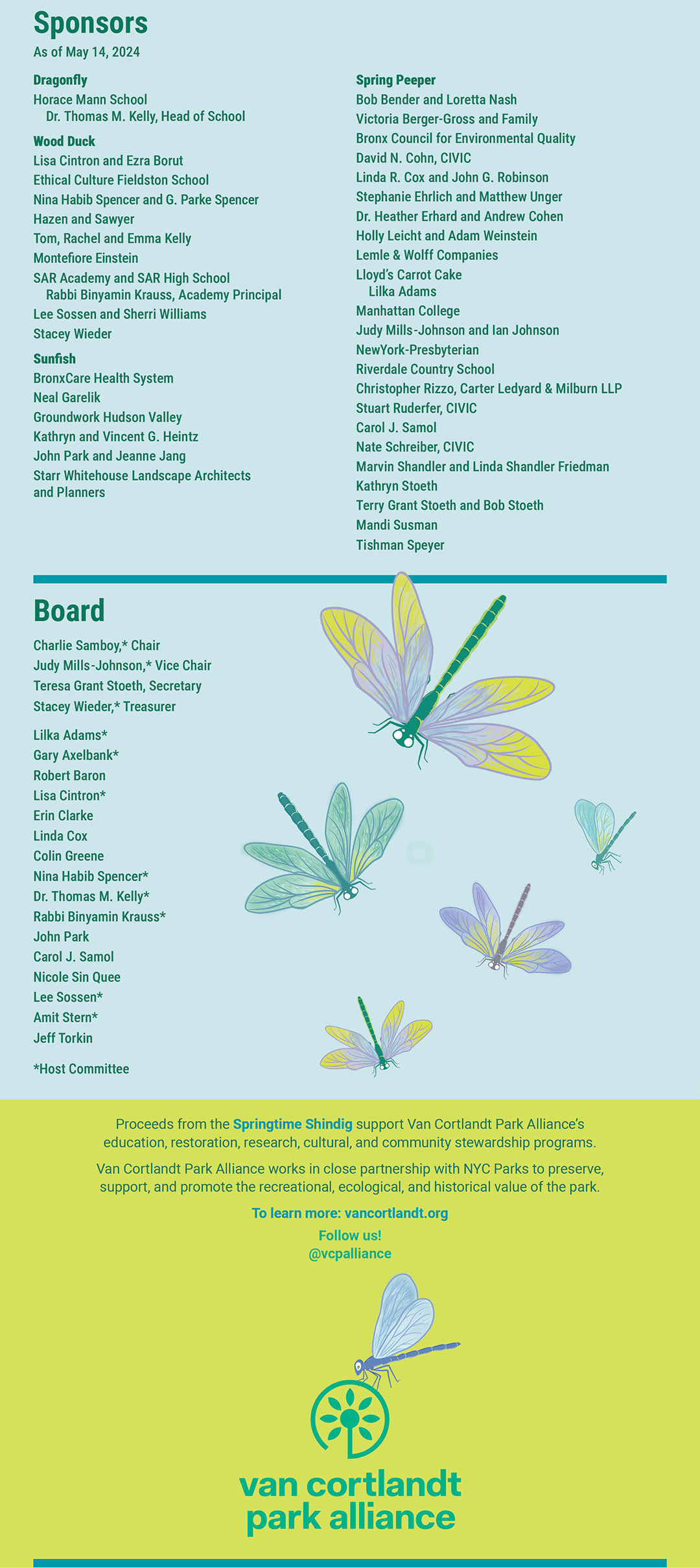 An image with butterflies listing sponsors and board members for an event