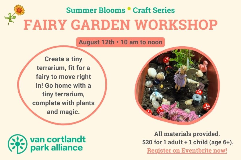 An image with details about a Fairy Garden Workshop with an image of a fairy garden.