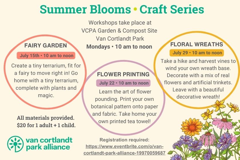 A pink background with flowers in one corner and VCPA logo in the other. Text describes our Summer Blooms Craft Series