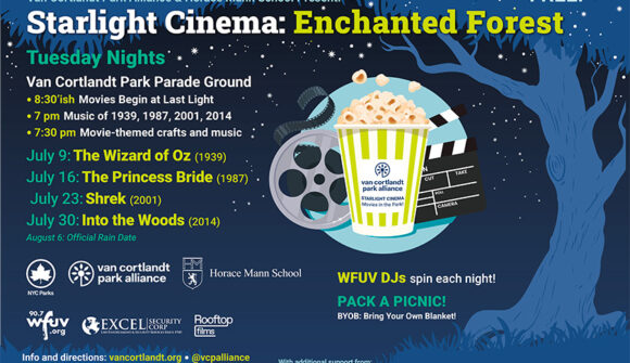An image with a dark blue background with a tree, popcorn bucket and movie reel with the title Starlight Cinema: Enchanted Forest with a list of upcoming movies.