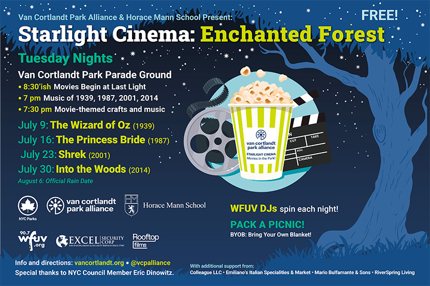 An image with a dark blue background with a tree, popcorn bucket and movie reel with the title Starlight Cinema: Enchanted Forest with a list of upcoming movies.