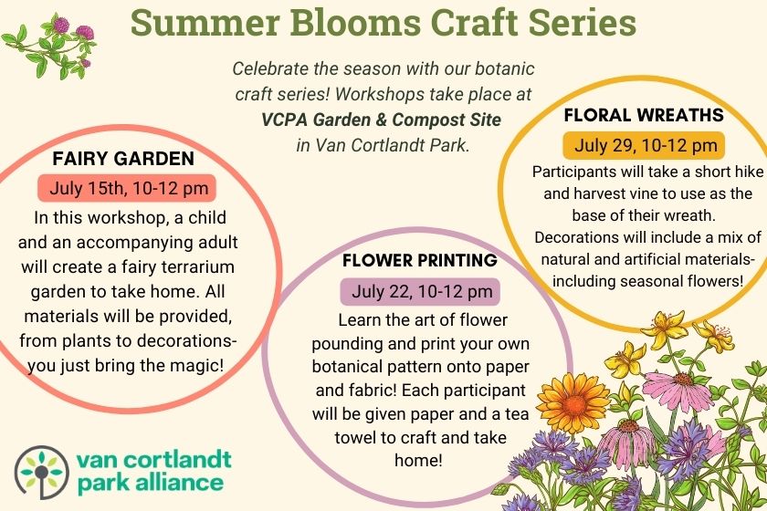 Summer Blooms Craft Series title with image about 3 workshops with VCPA logo and flowers