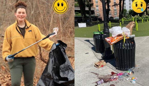 A woman holding a trash bag with a garbage grabber and a smiley face icon next to a pile of garbage with a sad face icon.