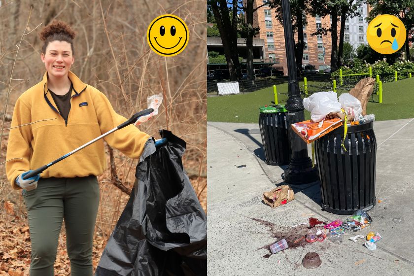 A woman holding a trash bag with a garbage grabber and a smiley face icon next to a pile of garbage with a sad face icon.