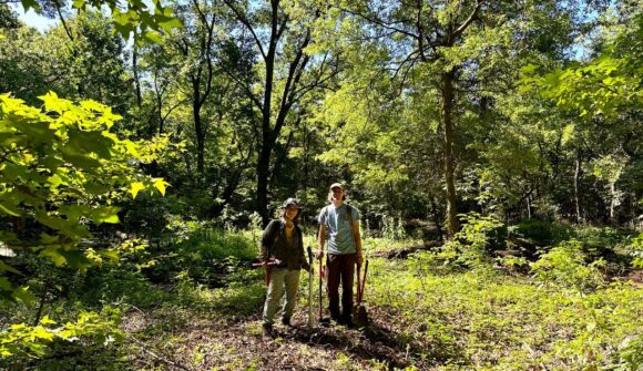 A man and a woman standing in the woods.