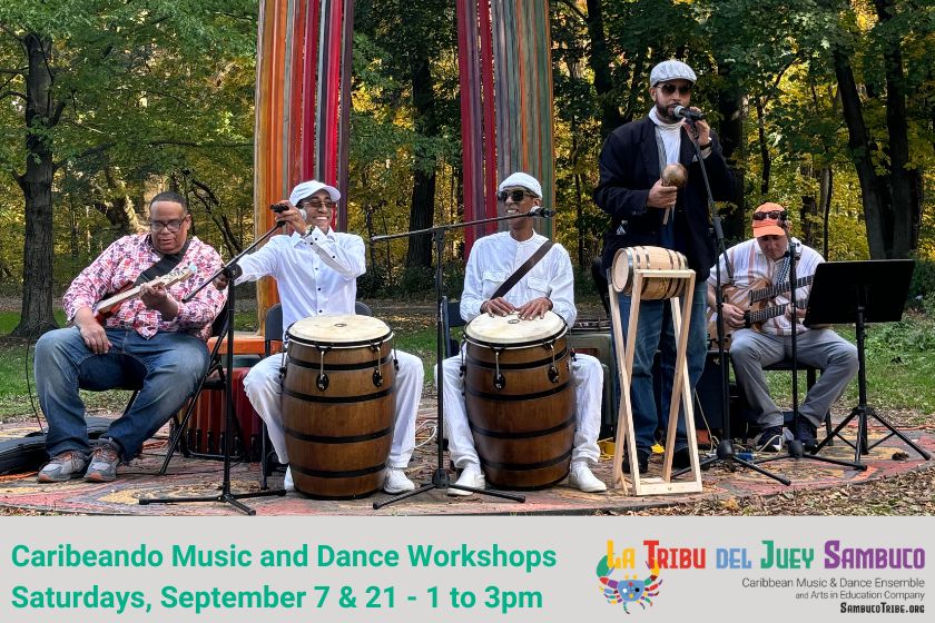 A group of 5 musicians playing drums and other instruments at an outdoor location with the words: Carbieando Music and Dance workshop with a colorful logo