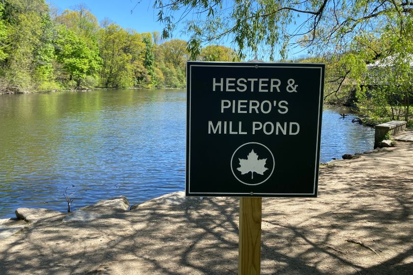 A green sign with white words: Hester & Piero's Mill Pond with the Parks leaf logo in front of a body of water with trees in the background.