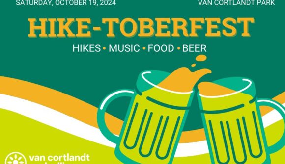 An image with a dark green background with waves of light green, white and orange with two beer mugs clinking together and text about Hike-toberfest on October 19, 2024 in Van Cortlandt park