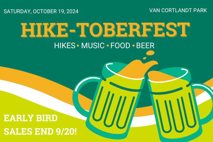 A graphic of two beer glassing tapping with an event title: Hike-toberfest and event details.