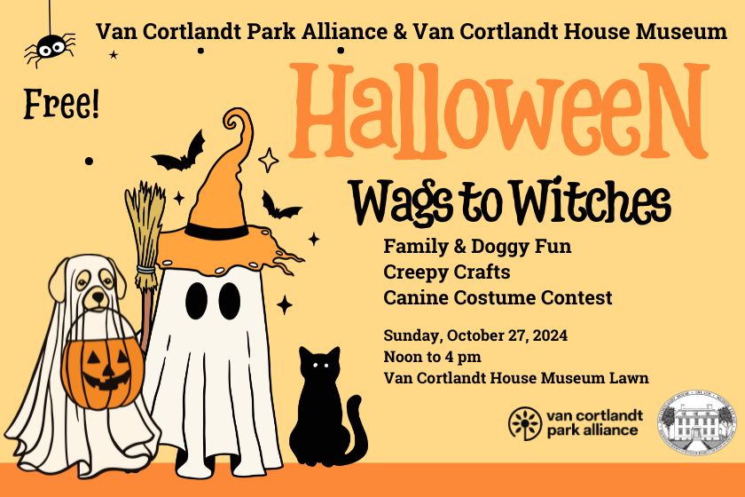 A fun graphic of a dog dressed as a ghost, a ghost dressed as a witch and a cat that says Halloween: Wags to Witches