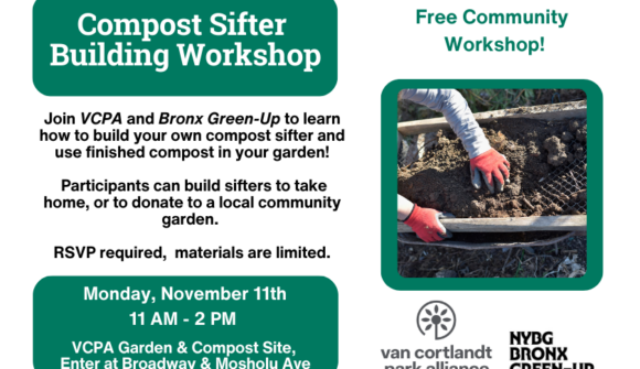 Gloved hands digging in soil with words describing a Compost Sifter Building workshop