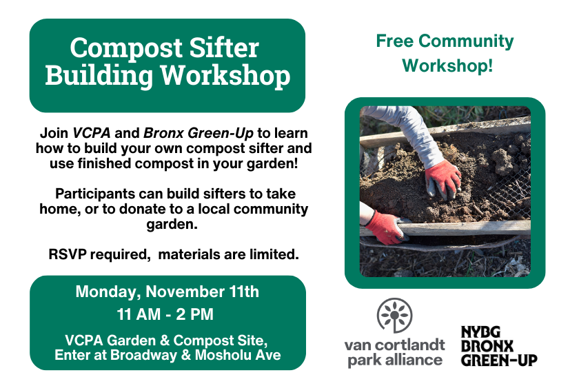 Gloved hands digging in soil with words describing a Compost Sifter Building workshop