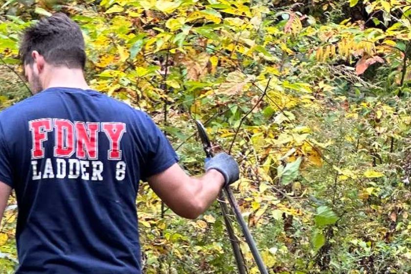 A person standing in a shrub area holding loppers.