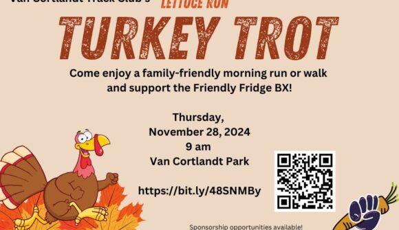 A beige background with a graphic of a turkey running through the fall leaves with information about a Turkey Trot