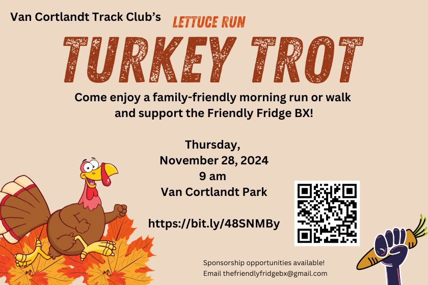 A beige background with a graphic of a turkey running through the fall leaves with information about a Turkey Trot