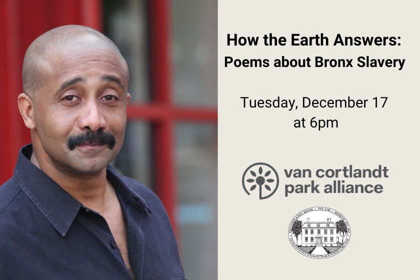 A photograph of David Mills with information about an upcoming poetry reading over a beige background with logos from VCPA and VC House Museum.