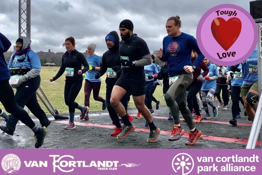 A group of people starting a race in the park with an image of a heart in a purple circle and the words Tough Love