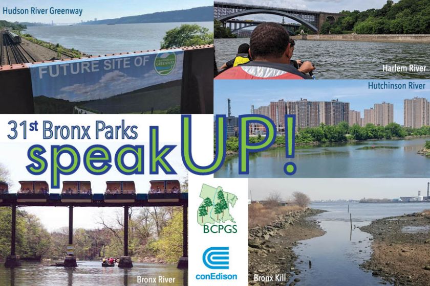 An image with four different rivers and the text Bronx Parks Speak Up