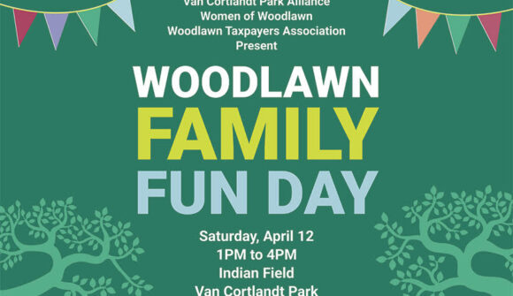 Dark Green background with colorful banner and light green tree design and information about Woodlawn Family Fun Day on Saturday, April 12