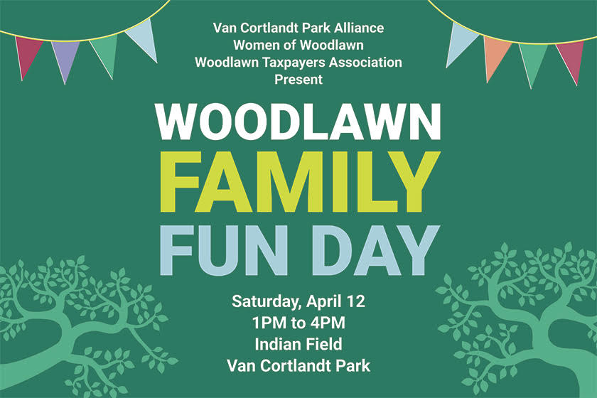 Dark Green background with colorful banner and light green tree design and information about Woodlawn Family Fun Day on Saturday, April 12