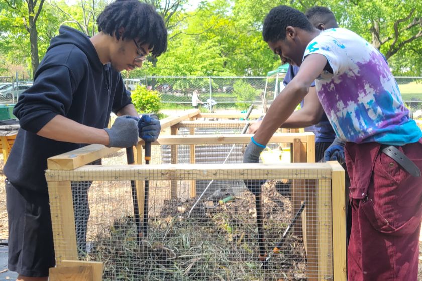 Two young men hold loopers and cutting up compost inside of a wooden bin