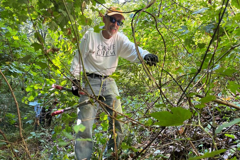 A man in a white shirt that say Carpe Diem standing in the forest surrounded by shrubs.