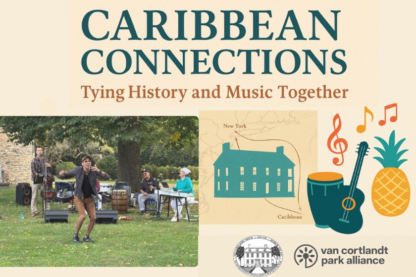 A photo of a man dancing on the lawn with graphics of a house, music note, drums and a pineapple with information about an event