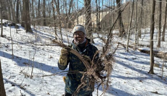 A man wearing a winter jacket and hat holding a large root from a shrub in the woods with snow.