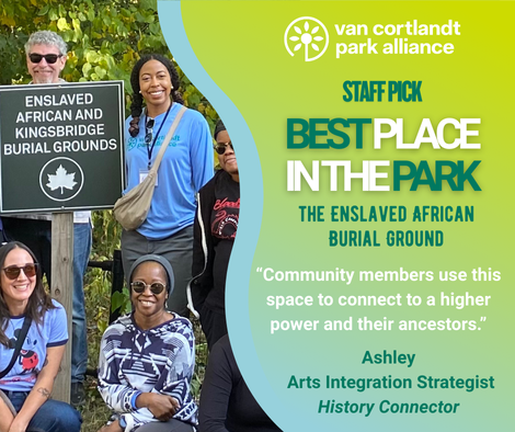 2 people standing and two people kneeling next to a sign the for the Enslaved African Burial Ground with text about the best place in the park