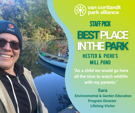 A woman in a winter hat and sunglasses smiling in front of water with a canoe it in and words about the best place in the park