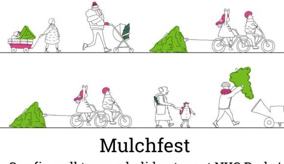 Cartoon graphics of people bringing trees to a woodchipper with words about Mulchfest