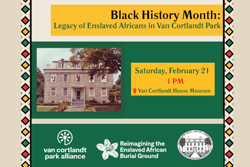 A graphic with a photo of the Van Cortlandt House Museum with information about an upcoming walk